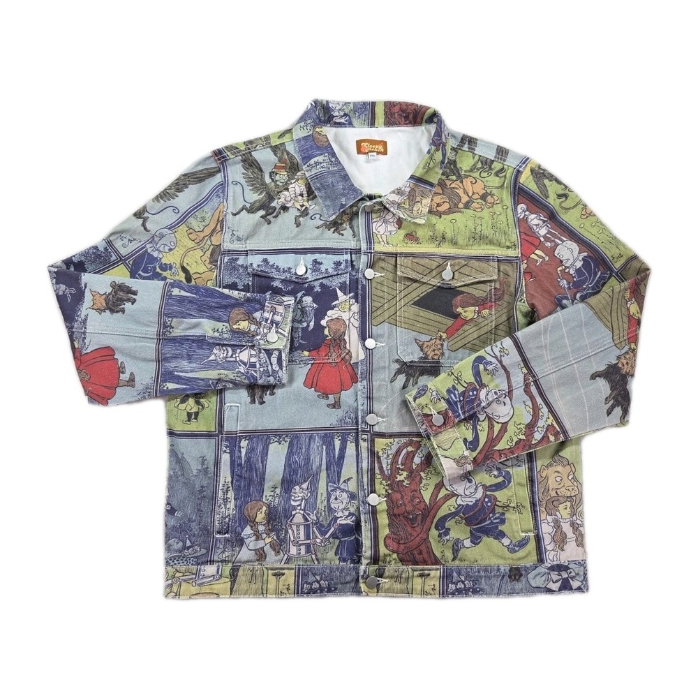 Wizard of Oz Denim Jacket Sleepy Peach Mens 2XL XXL All Over Patchwork Print